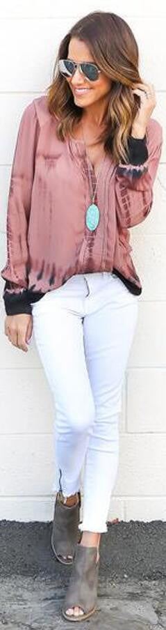 Fashion Pink Tie-Dye Leaking Print Long Sleeve Blouse