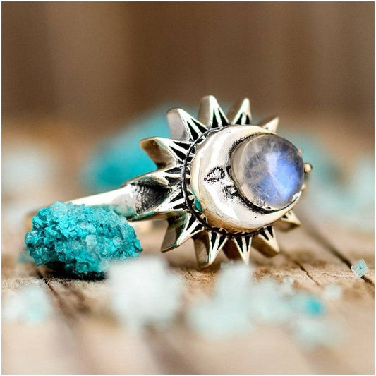 Retro Moonstone Sun Moon Ring