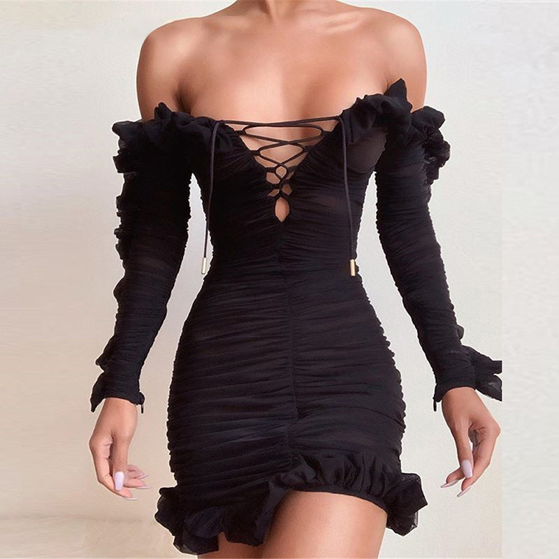 Black Off Shoulder Mesh Sheer Ruffle Bodycon Dress