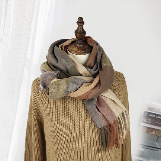 Thickened Lattice Imitation Cashmere Tassled  Shawl Scarf