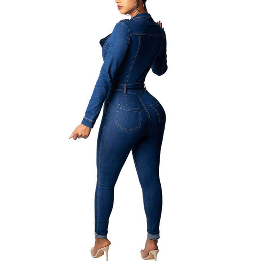 Deep V Neck Belted High Waist Denim Jumpsuit