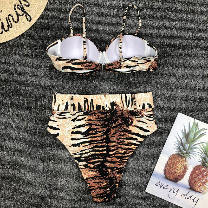 Tiger Print Buckle High Rise Triangle Bikinis