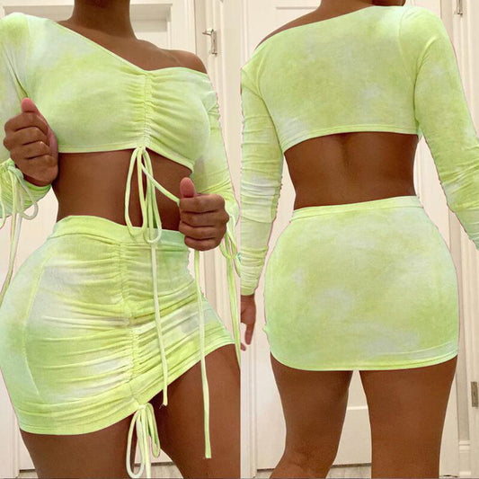 Sexy Tie dye Long Sleeve Bodycon Strap Two Pieces Set