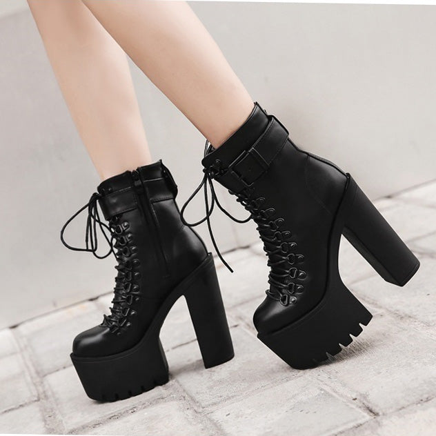 High Platform Lace Up High Chunky Heels Short Martin Boots