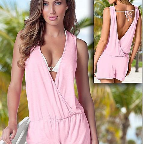V-neck Backless Sleeveless Bandage Sexy Beach Short Jumpsuits - Meet Yours Fashion - 1