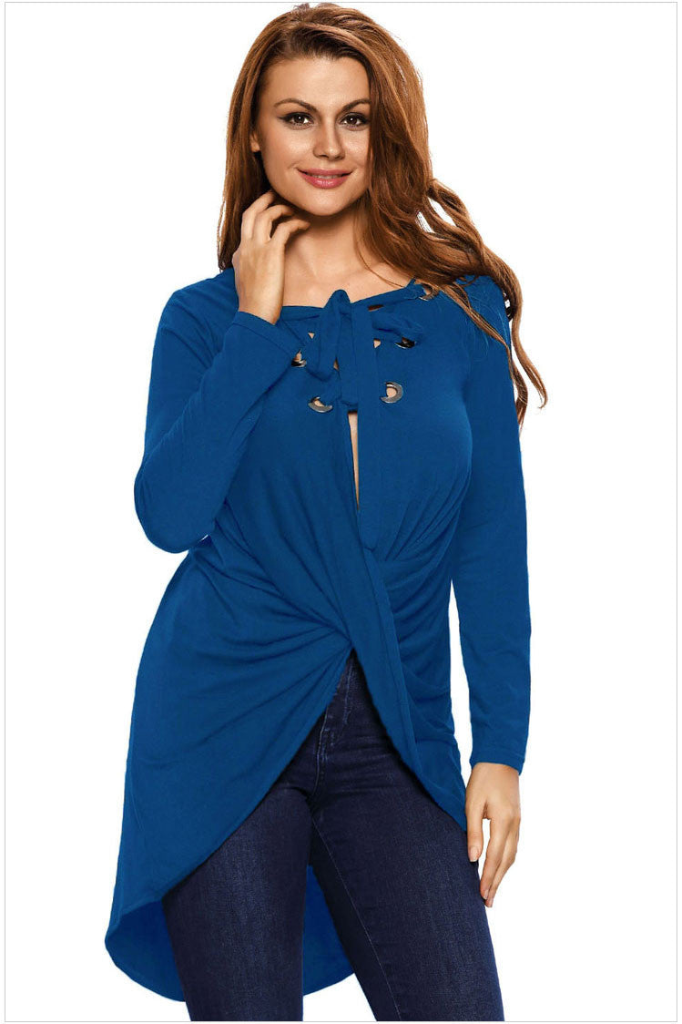 V-neck Straps Irregular Long Sleeves Long Blouse