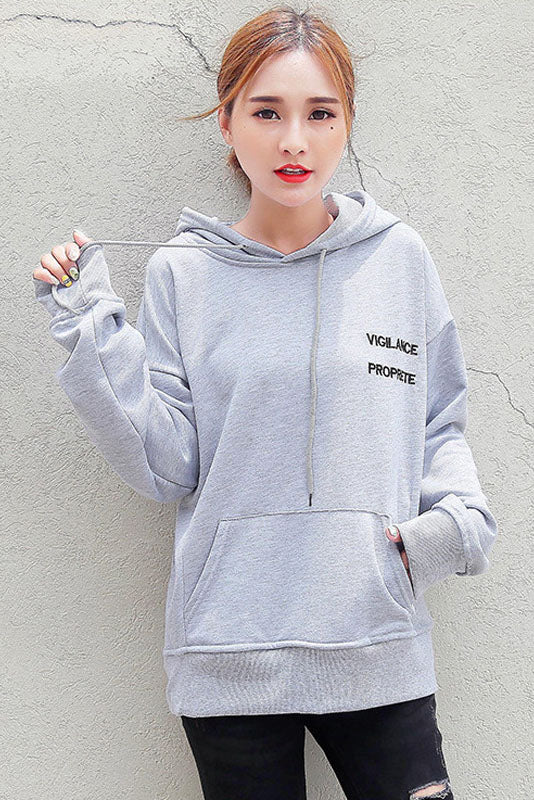 Solid Color Letter Print Pocket Loose Hoodie