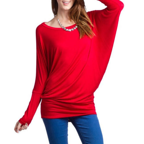 Scoop Pure Color Long Batwing Sleeves Loose Blouse