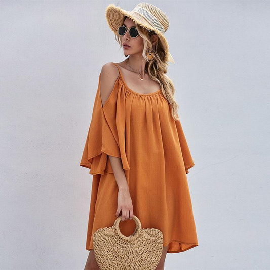 Cold Shoulder Half Sleeve Loose Short Dress