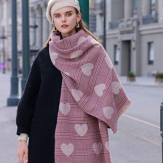 Heart Printed Plaid Tasseled Thick Warm Shawl Scarf