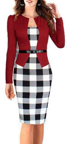 Plaid Patchwork Scoop Long Sleeves Knee-length Pencil Dress With Belt