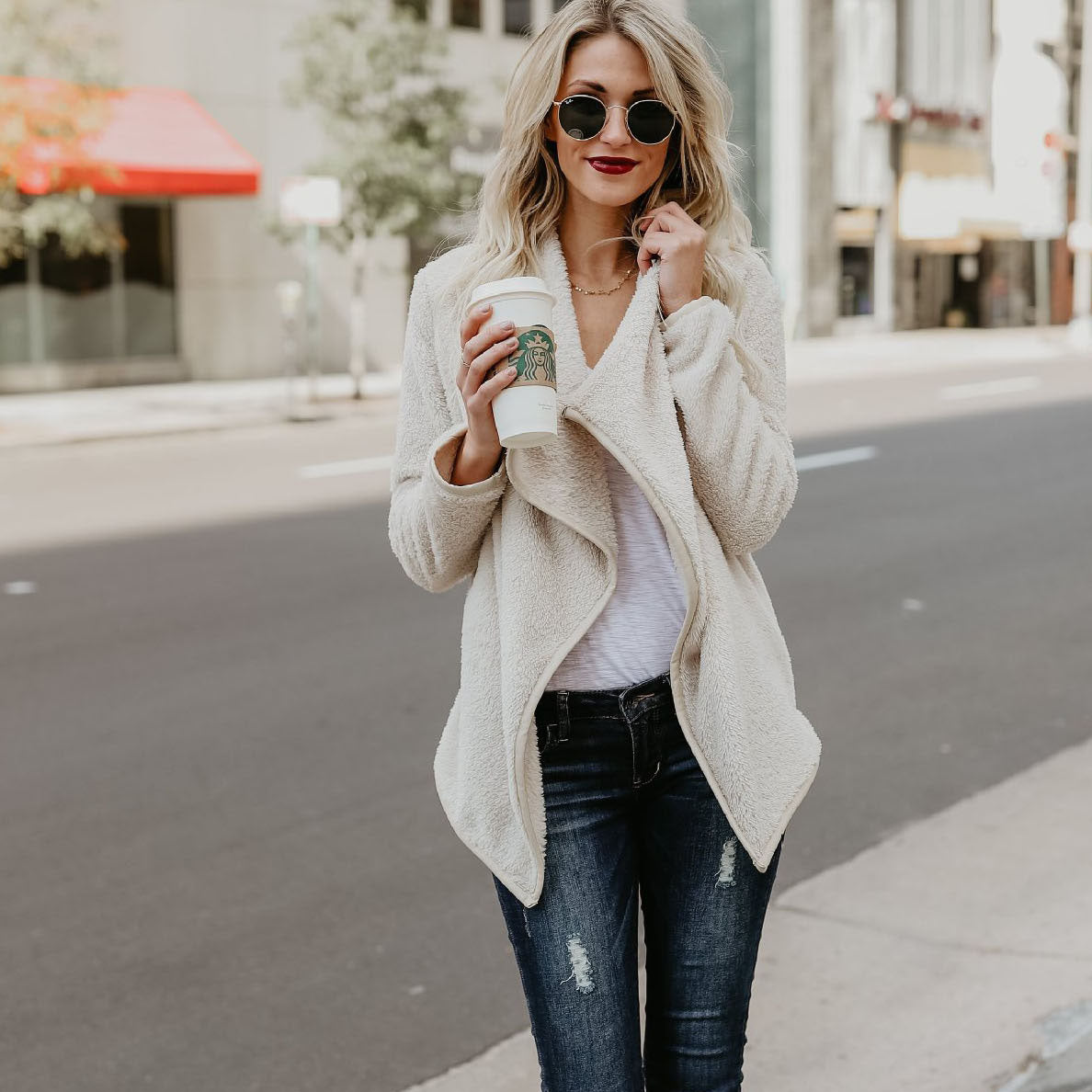 Polar Fleece Lapel Solid Color Irregular Loose Coat