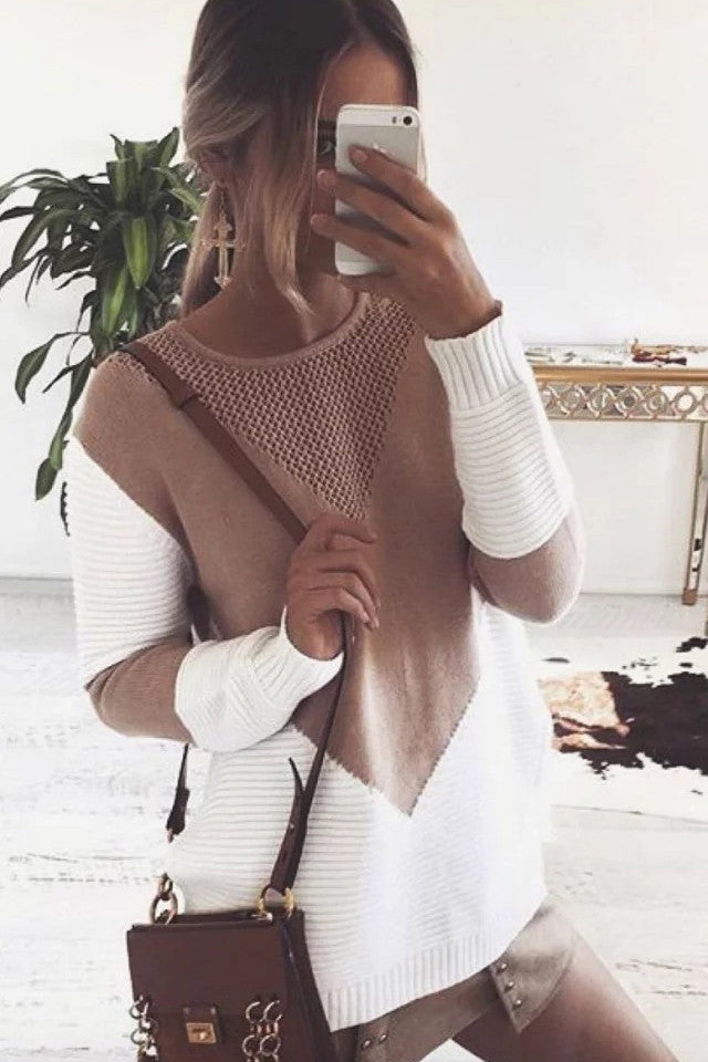 Scoop Patchwork Long Sleeves Irregular Sweater