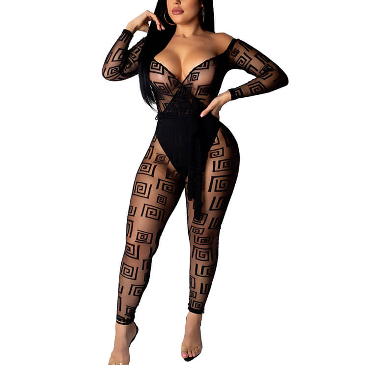 Off Shoulder See Through Mesh Jumpsuit