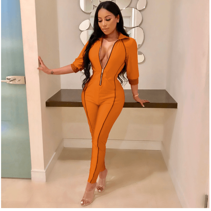 Long Sleeves Zipper Bright Color Jumpsuits