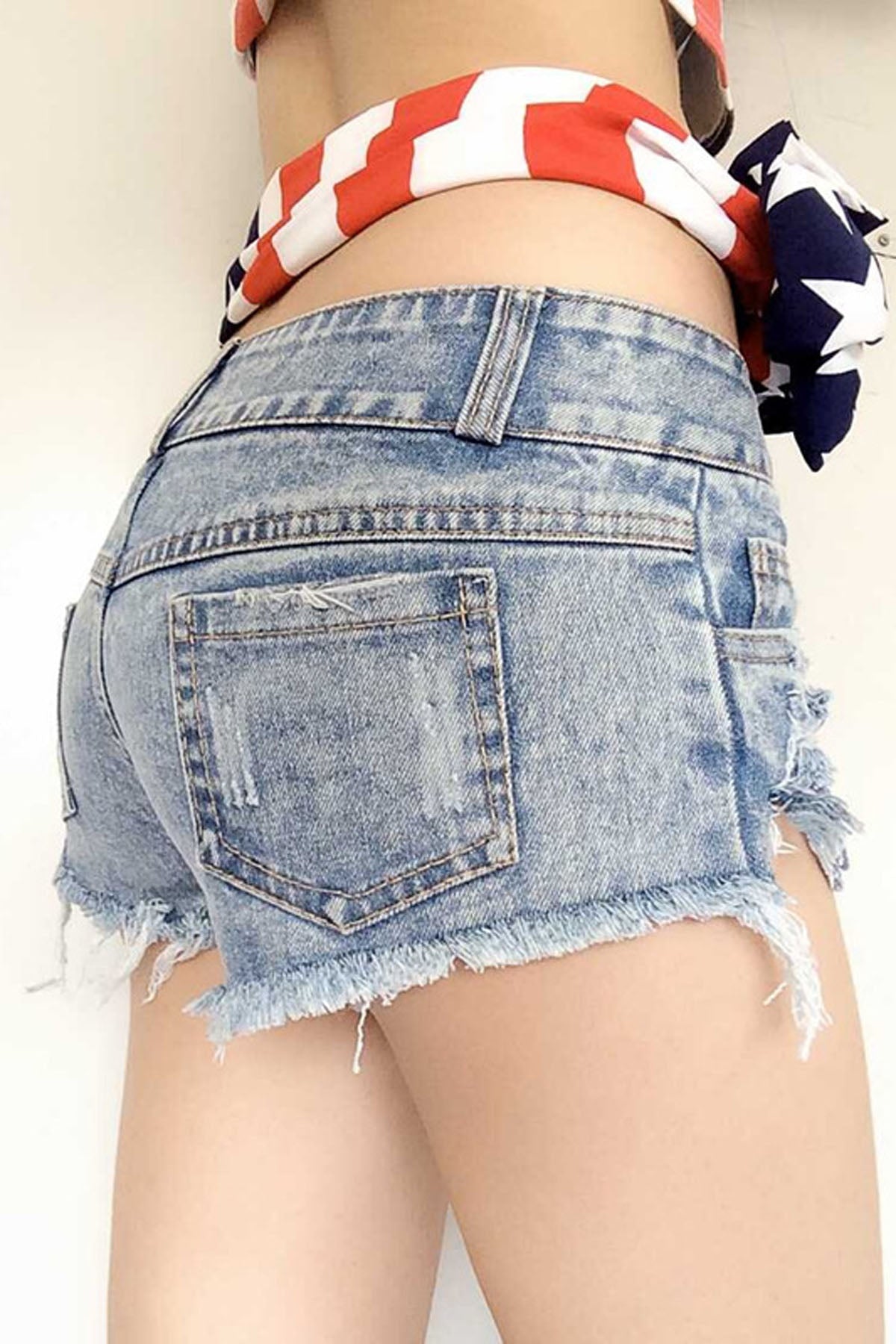 Low Waist Irregular Hole Slim Denim Shorts