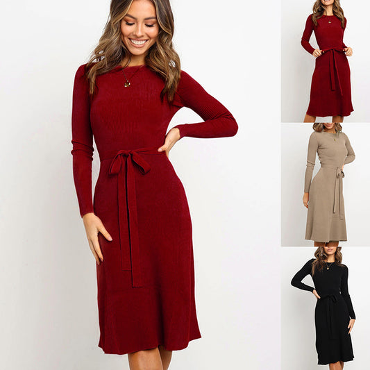 Casual Long Sleeve Belt Plain Sweater Dress