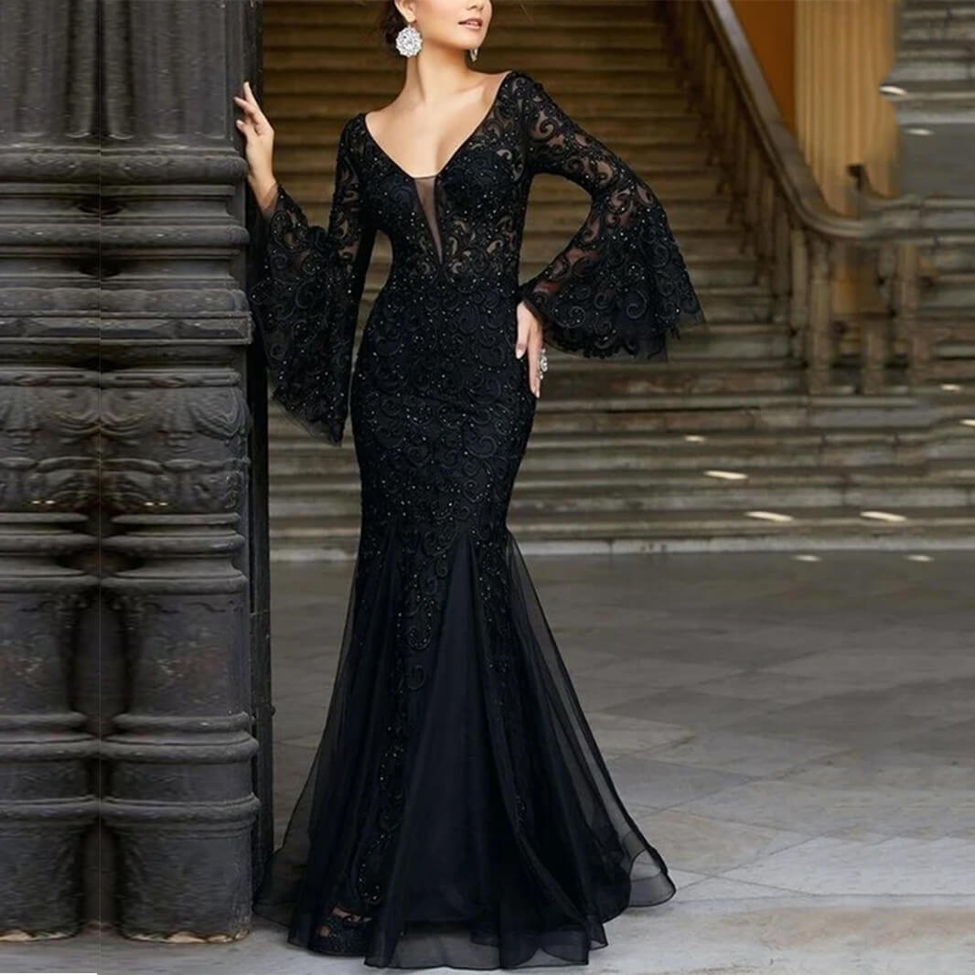 Black Lace Flare Sleeve Mermaid Dress