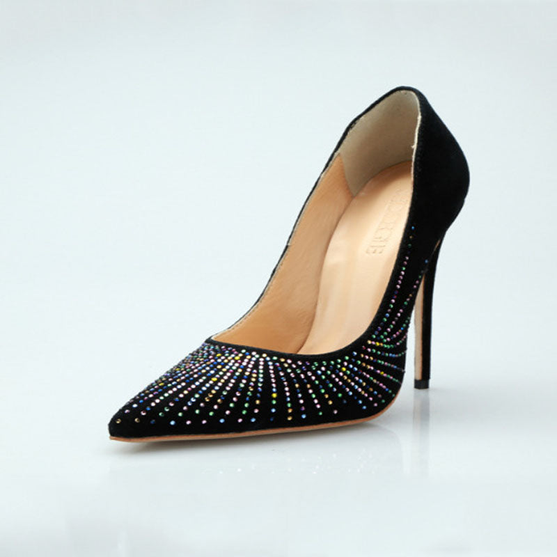 Sexy Black Leather Rhinestone Point Toe Pumps