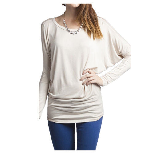 Scoop Pure Color Long Batwing Sleeves Loose Blouse