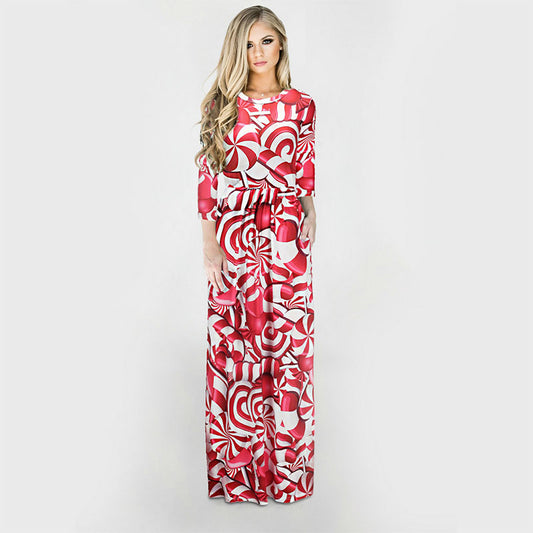 Christmas Plus Size Print 3/4 Sleeve Maxi Dress