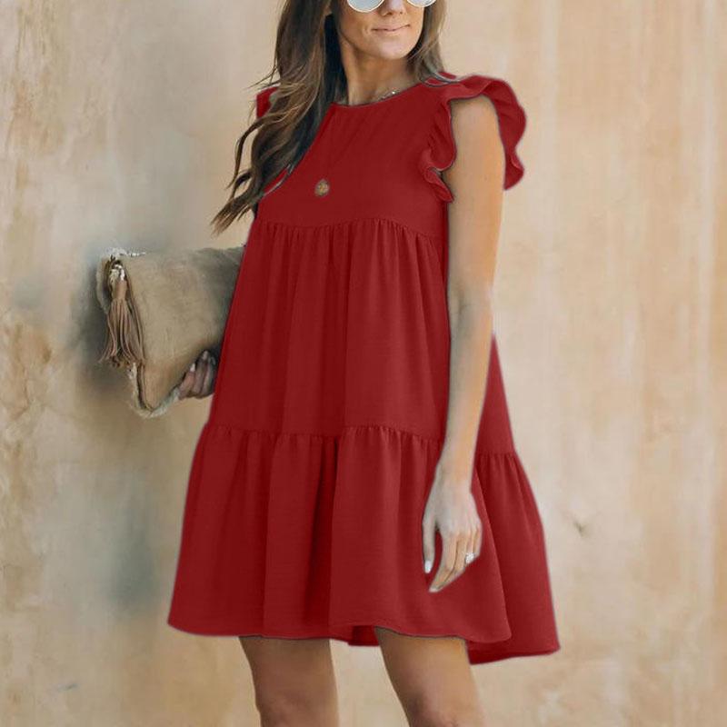 Soild Ruffle Sleeve Loose Short Dress