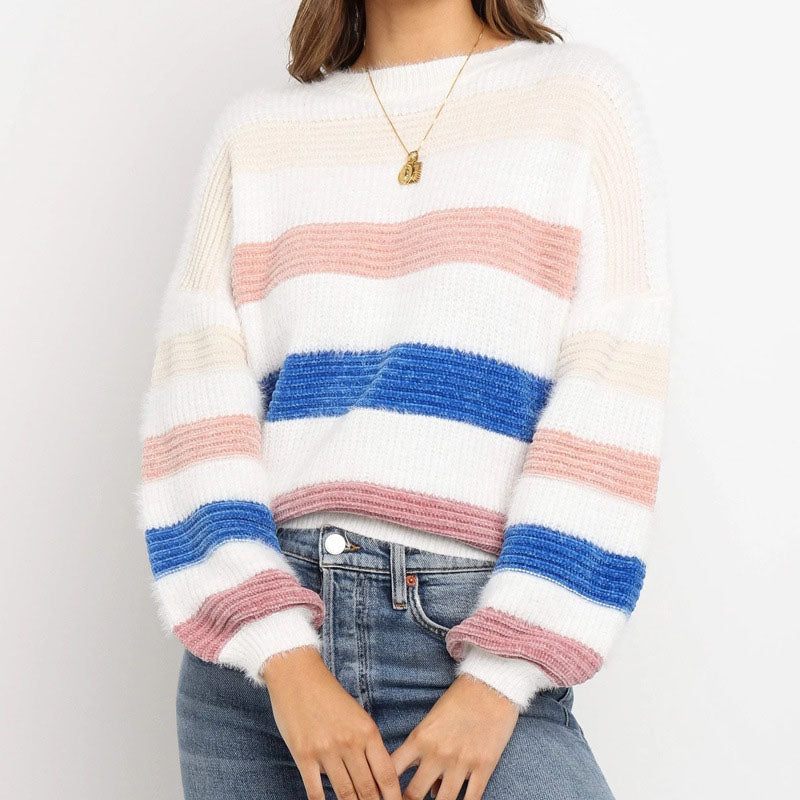 Crewneck Lantern Sleeve Colorblock Striped Sweater