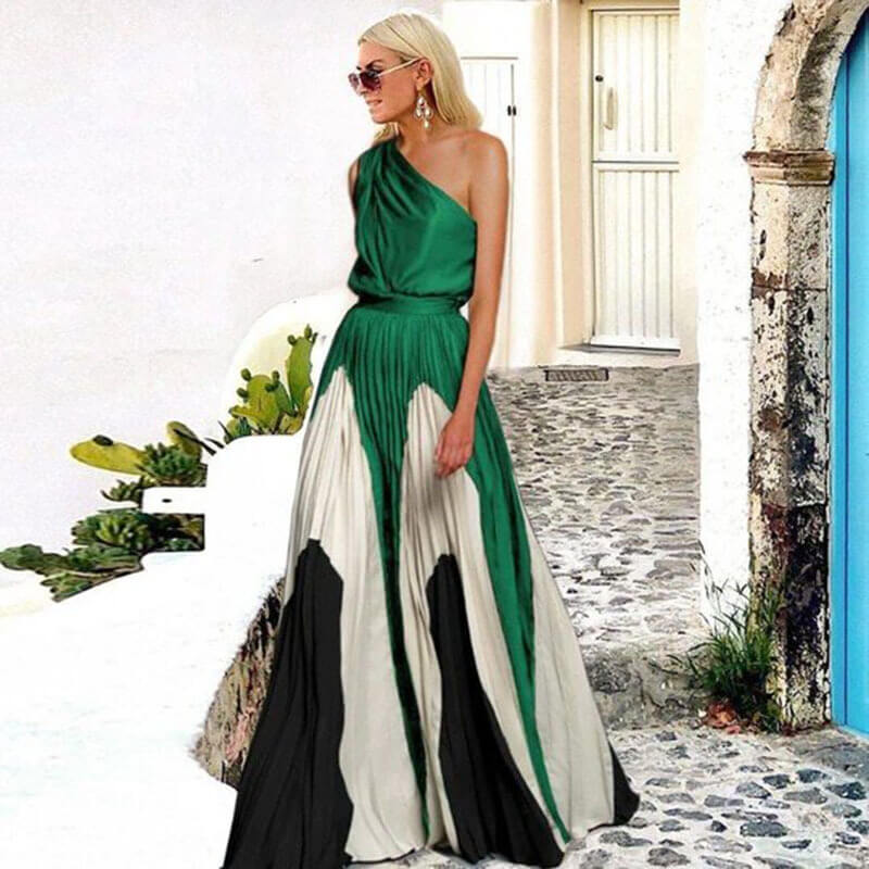 Colorblock Slash Neck Boho Long Dress