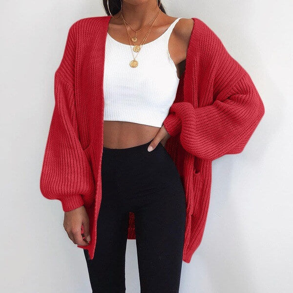 Loose Ribbed Balloon Sleeve Sweater Cardigan