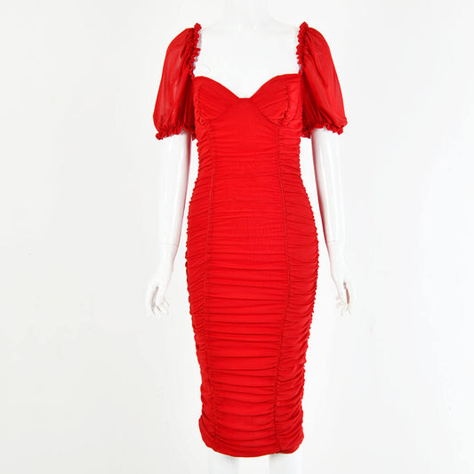 Square Neck Puff Sleeve Party Midi Tight Dress