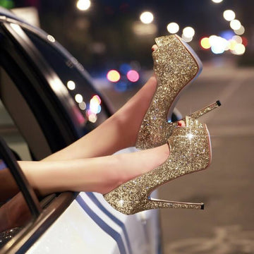 Platform Peep-toe Rhinestone Ankle Pumps