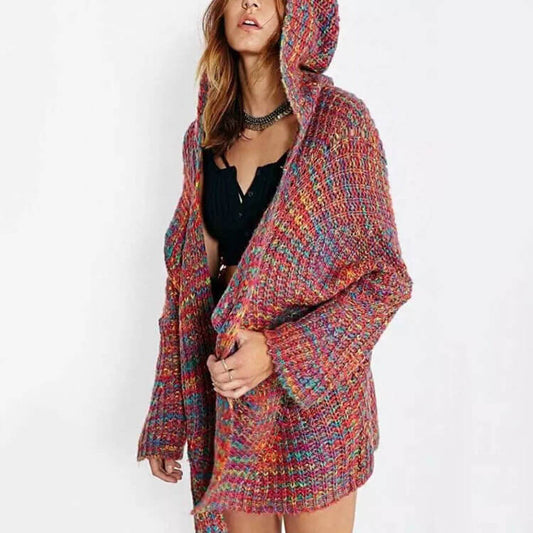 Oversized Hooded Colorful Knit Cardigan Sweater