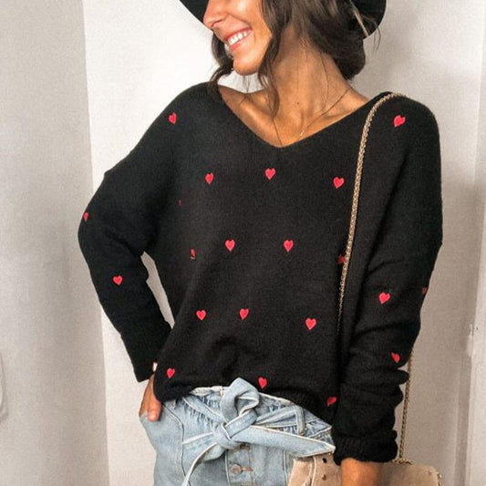 Hearts Pattern V Neck Sweater