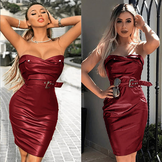 PU Strapless Belt Bodycon Empire Waist Dress