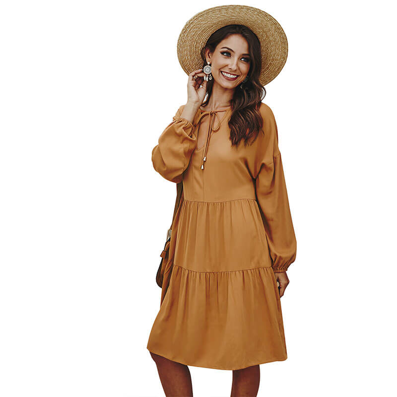 Simple V Neck Lantern Sleeve Short Dress