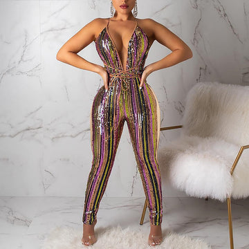 Sequin Stripe V Neck Bandage Backless Jumpsuit