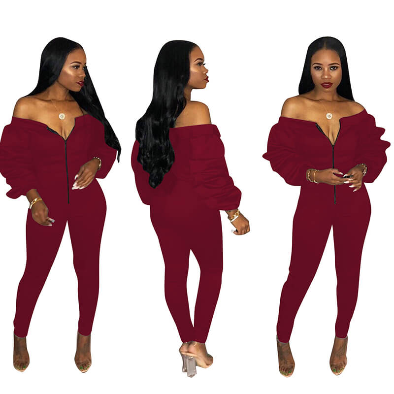 Off Shoulder Puff Sleeve Skinny Jumpsuit