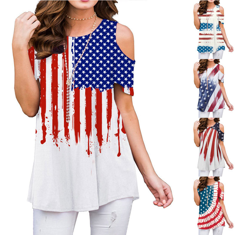 Casual Flag Print Cutout Short Sleeve Loose T-shirts