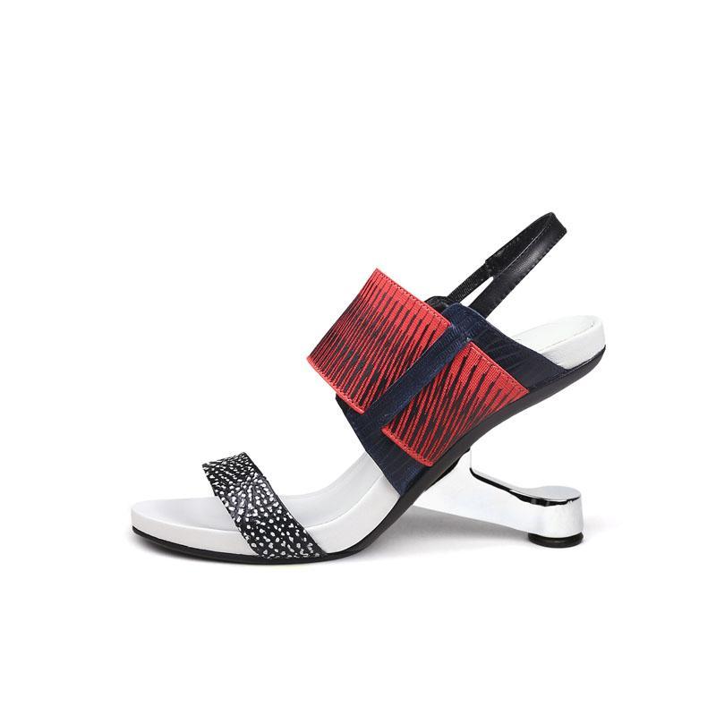 Leather Open Toe Color Block Special Shaped Heel Sandals