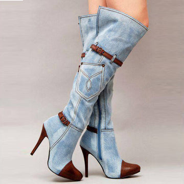 Denim Pointed Toe Patchwork Stiletto High Heels Knee-length Long Boots