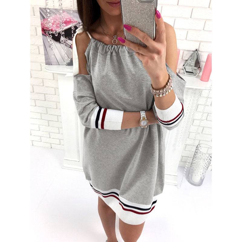 Bear Shoulder Scoop Long Sleeves Patchwork Short Dress