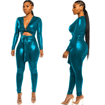 Plus Size Long Sleeves V Neck Strap Skinny Jumpsuit