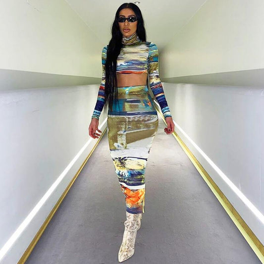 Sexy Print Long Sleeve High Waist Bodycon Slim Two Pieces Set