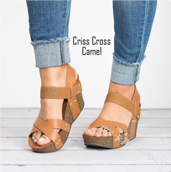 Platfom Cross Strap Rivet Wedge Sandal