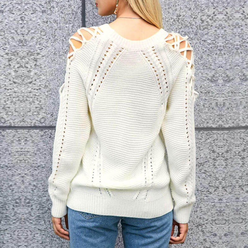 Cold Shoulder Hollow Out Knitted Soild Sweater