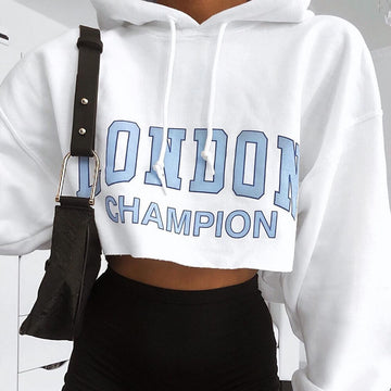 White Drawstring Letter Print Cropped Hoodies