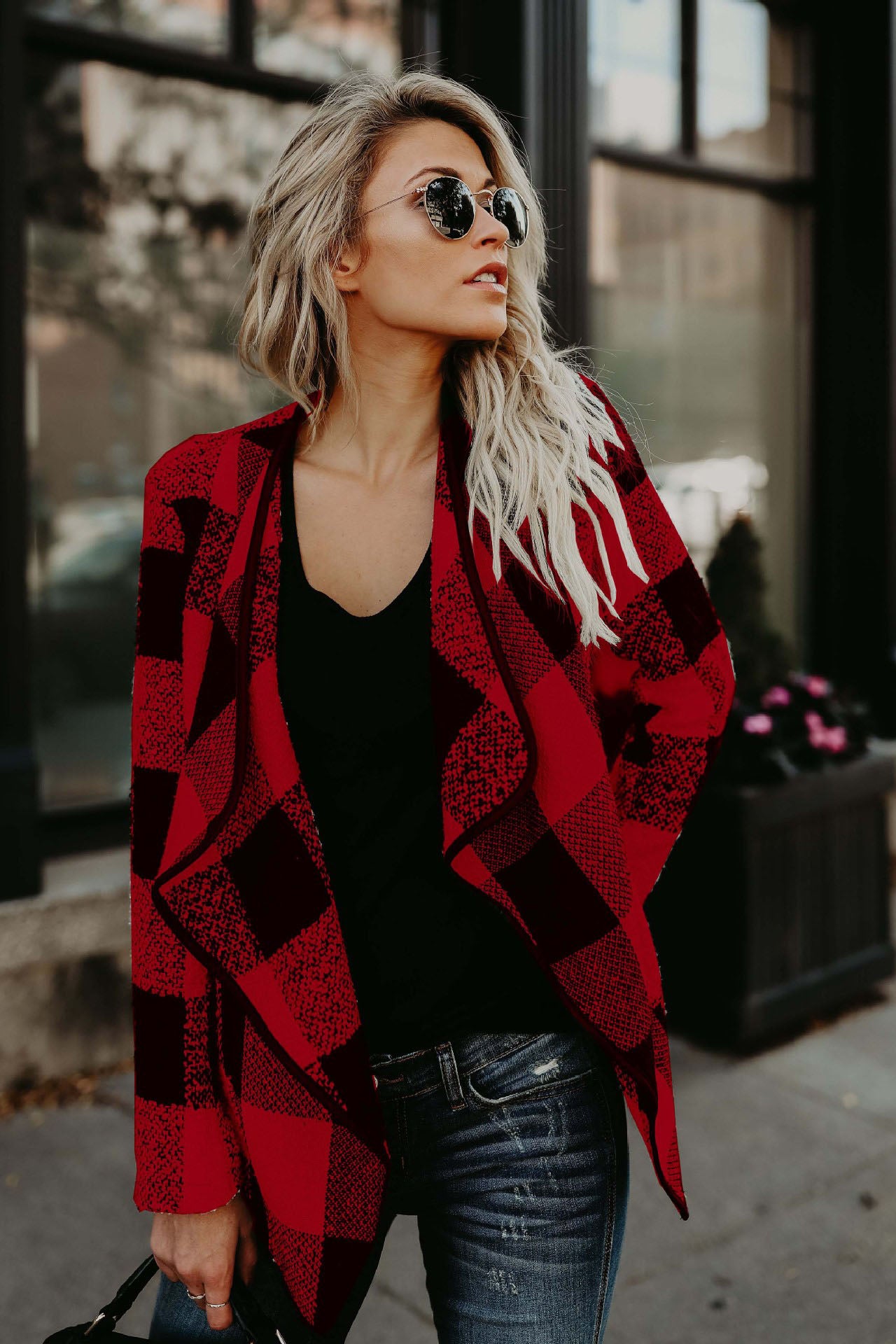 Plaid Lapel Loose Color Block Irregular Short Cardigan Coat