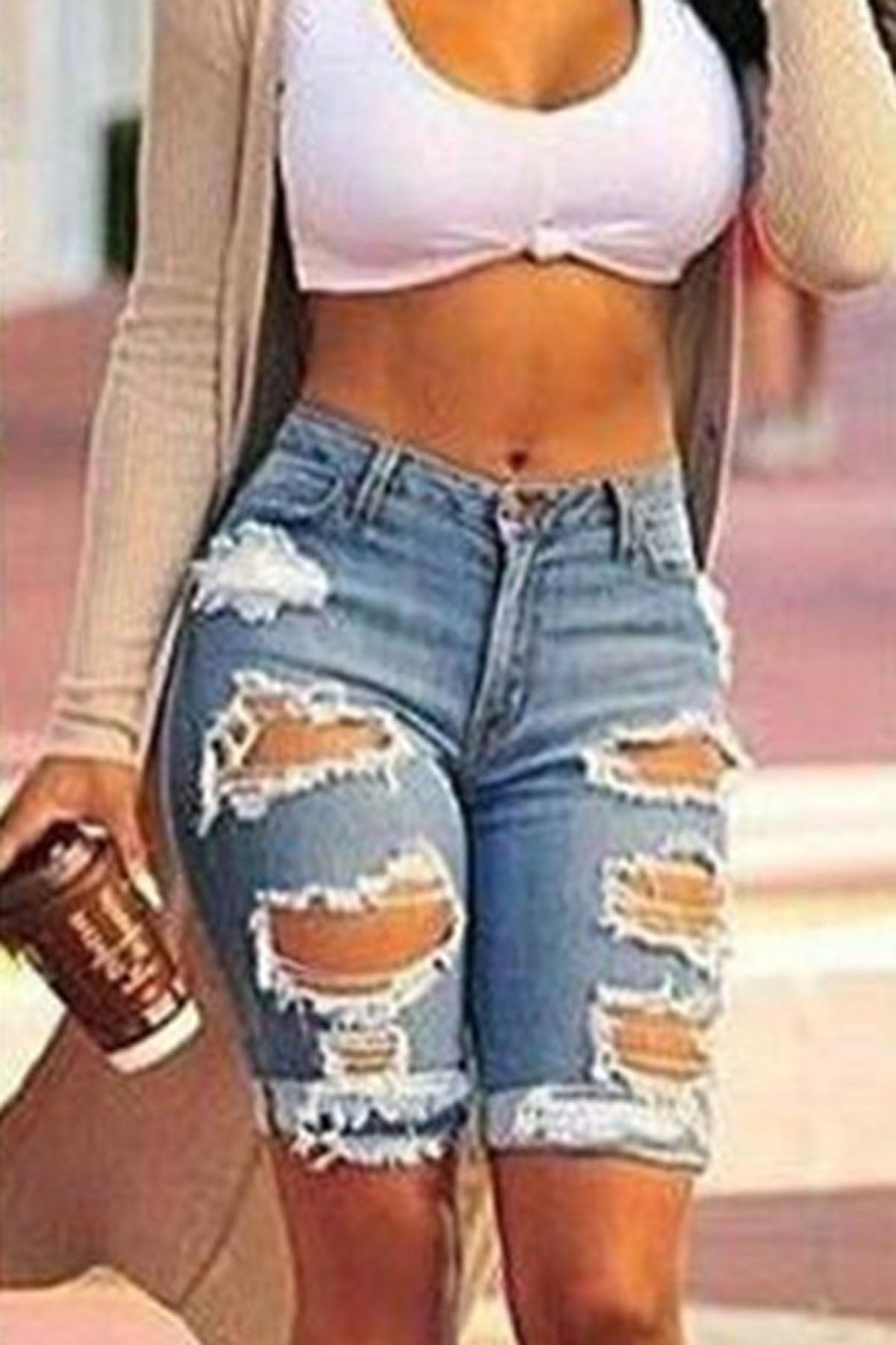 High Waist Hole Pure Color Slim Denim Long Shorts