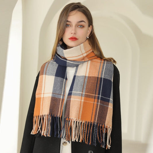 Thickened Warm Imitated Cashmere Plaid Tassled Shawl Scarf