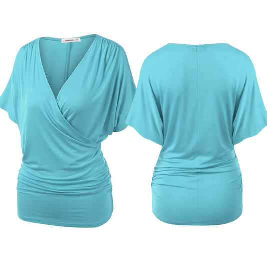 Sexy V Neck Wrap Style Pure Color Bat Short Sleeve Blouse